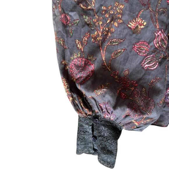 Boho Floral Embroidered Lace Peasant Blouse Gray Long Sleeve Festival Top XS - Picture 4 of 8